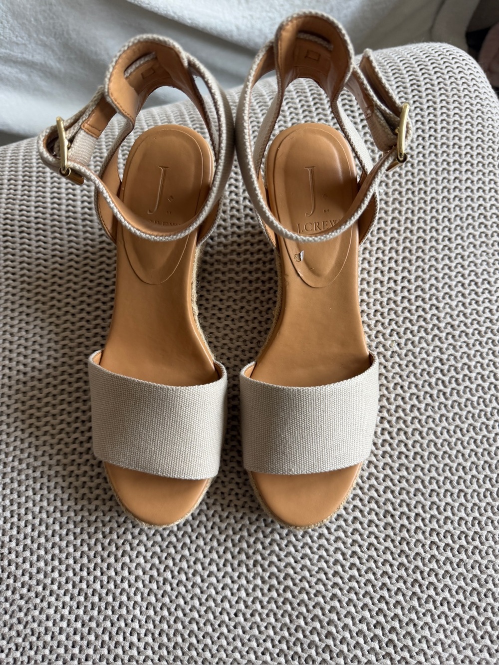 J. Crew Neutral Canvas Ankle-Strap Block Heels